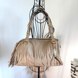 Cole Haan Pleated Neutral Creamy Beige Leather Satchel Bag-Tassel Zip/Logo Charm